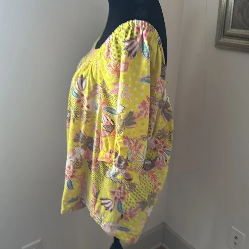 LOFT Floral Yellow floral patchwork Blouse puff sleeves linen‎ blend top Sz XL